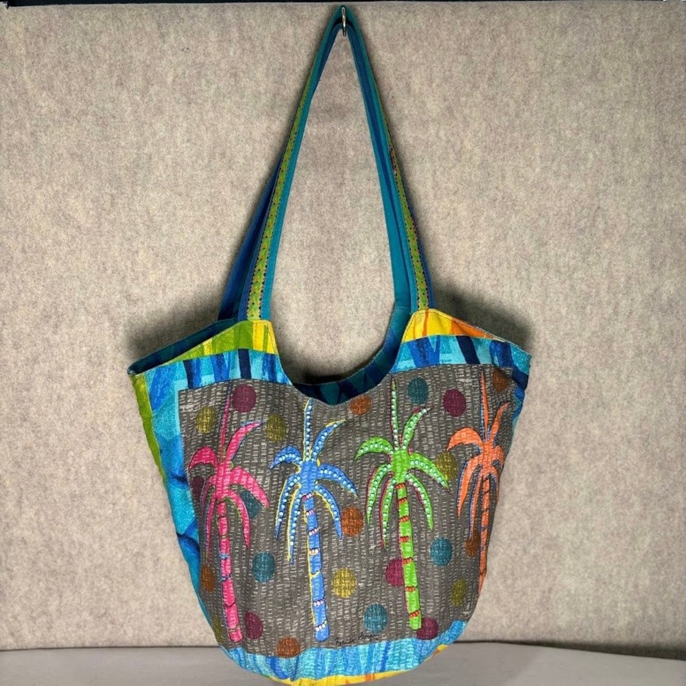 Farida Zaman Tote Bag Large Blue Canvas Tropical Palm Tree Boho Beach Flaws
